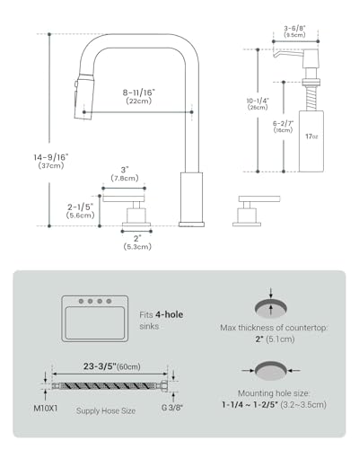 Image of APPASO 4 Hole Widespread Kitchen Faucet with Separate Handle Brushed Nickel | 2 Handle Kitchen Sink Faucet with Pull Down Sprayer and Soap Dispenser, Square Spout Stainless Steel for 3 & 4 Holes Sink