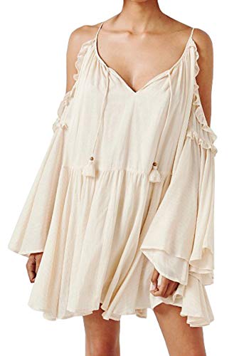 R.Vivimos Women Cotton Long Sleeve V Neck Cold Shoulder Casual Ruffles Loose Short Dresses (Medium, Beige)