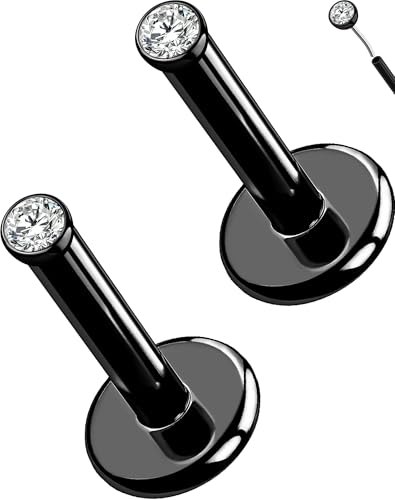 OUFER 16G Black Titanium Push Pin CZ Stud Earrings | 1.5MM CZ with 5MM Short Post | Threadless Flat Back Labret for Tragus, Helix, Lip Piercings | Minimal Sparkle Piercing Jewelry