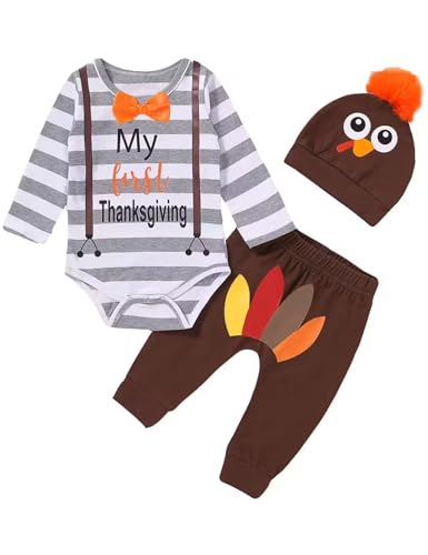 Image of Shalofer Baby Boy My First Thanksgiving Bodysuit Newborn Turkey Outfit with Hat