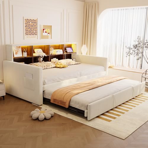 Merax Cama acolchada Convertible 90 x 190 cm, sofá cama con cama nido extensible, cabecero con almacenamiento, LED y enchufes USB tipo C, de terciopelo, somier de láminas, color beige (sin colchones)