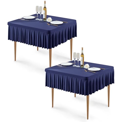 2 Pack Navy Blue Spandex Tablecloths for 34x34 Inch Square Tables, Stretch Fitted Table Clothes with Pleated Ruffle Skirt for 34” Table, Wrinkle Free and Elastic, for Party Kitchen Home Dining