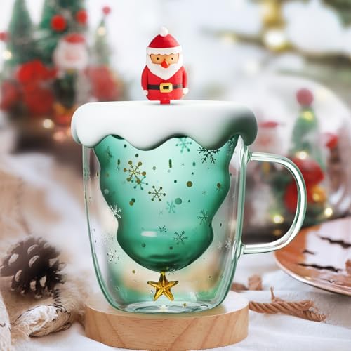 Tasse de Noël en verre à double paroi, tasses de sapin de Noël avec couvercle, tasse de thé, tasses de café macchiato de Noël, verre de Noël, cadeaux de Noël et du Nouvel An