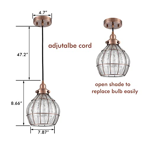 Image of YUBOLE Kitchen Pendant Light Red Antique Copper with Cracked Glass Shade