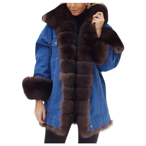 SACFOF Women Faux Fur Coat Denim Winter Thicken Warm Jacket Casual Plus Size Outdoor Overcoat Parka
