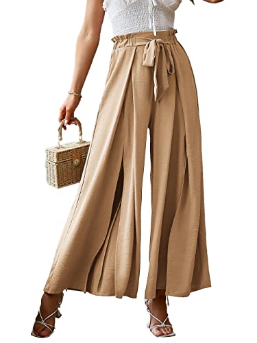BerryGo Women's Boho Linen Flowy High Waisted Pants Elegant Split Stripe Wide Leg Pants