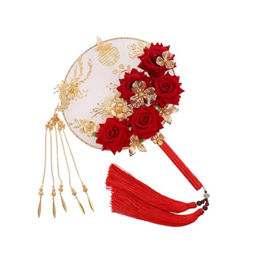 Éventail rond chinois traditionnel rouge avec roses en tissu une idée cadeau de mariage unique