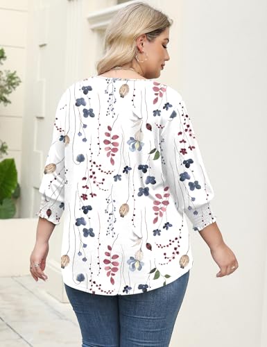 Rapbin Women's Plus Size Tops Three-Quarter Sleeve V-Neck Tunic Top Elegant Printed Dressy Casual Shirts Lightweight Blouses (White Floral 3XL)