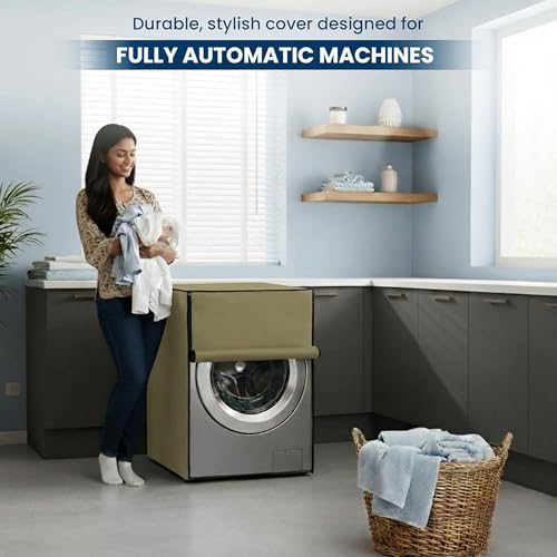 Image of Waterproof & Dustproof Front Load Washing Machine Cover Compatible for LG 12kg (FHD1208STB) | UV-Protective Washing Machine Cover | Anti-Slip Polyester | Easy to Clean & Zipper (Beige)