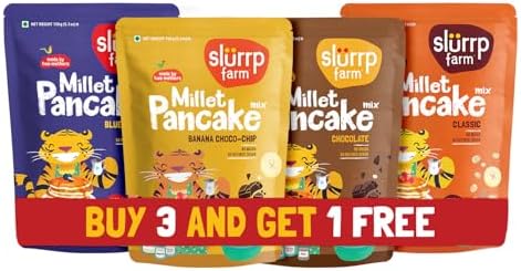 Slurrp Farm Millet Pancake Mix Combo | Banana Choco Chip, Chocolate, Blueberry & Classic | High Protein Breakfast for Kids & Adults | No Maida, No Refined Sugar | 5.29 Oz (Pack of 4)
