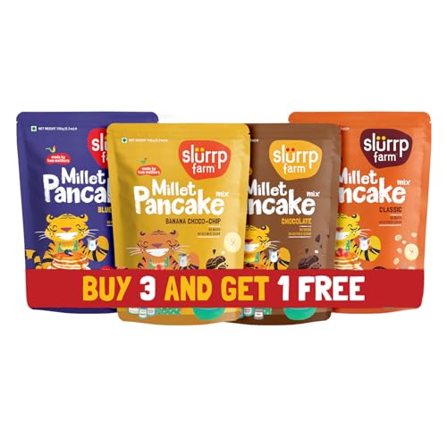 Slurrp Farm Millet Pancake Mix Combo | Banana Choco Chip, Chocolate, Blueberry & Classic | High Protein Breakfast for Kids & Adults | No Maida, No Refined Sugar | 5.29 Oz (Pack of 4)