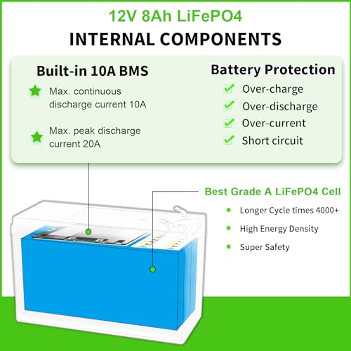 Image of 12V 8Ah Li FePO4 Lithium B attery, Built in 10A BMS | 4000+ Deep Cycles, Perfect for Home Alarm,Small Ups Backup, Solar System etc