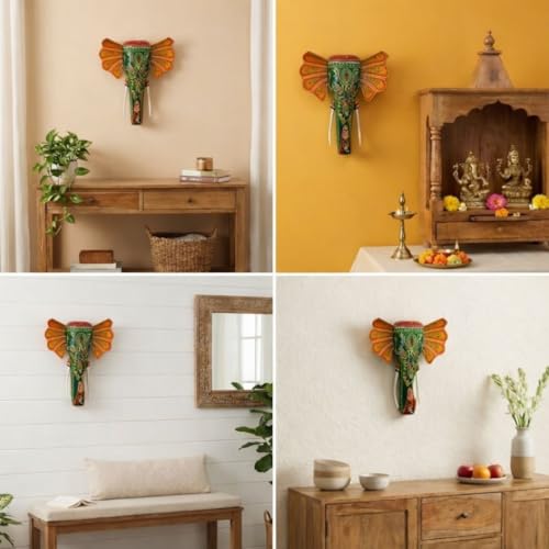 Image of ATRANGI STUDIO Handpainted Wooden Elephant Wall Decor | Ethnic Wooden Wall Art | Symbol of Strength & Wisdom | Wall Hanging for Home, Corridor & Balcony | Ready to Hang | 11 Inch, Green