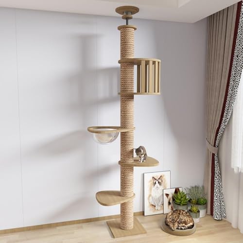 Ambety キャットタワー 突っ張り 木製 大型猫 コットン紐 スリム 木登り 多頭飼い キャットツリー シニア 据え置き 11cm太い支柱 猫タワー 中型 猫キャットタワー おしゃれ コンパクト 省スベース 木製 宇宙船 隠れ家 爪とぎ 安定 (B)