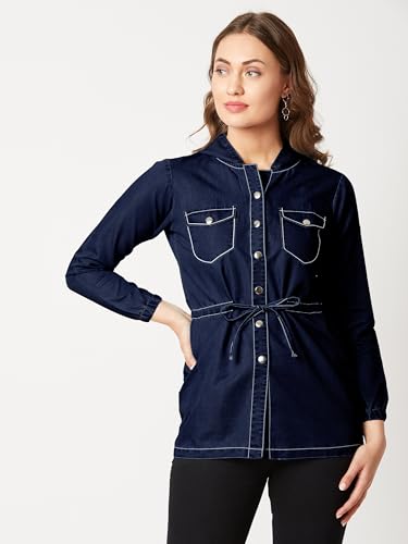 Image of Miss Chase Women's Polo Neck Full Sleeves Patch Pocket Denim Overcoat Knee-Length Jacket