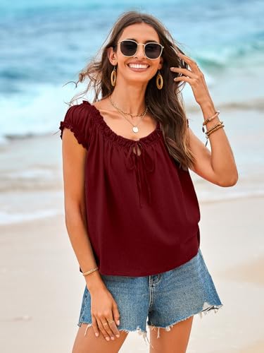 Image of Tankaneo Women Summer Tie Front Tank Tops Cap Sleeve Pleated Babydoll Tops Casual Loose Fit Going Out Flowy Shirt