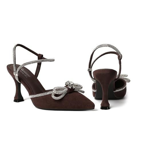 Image of Susanny Women's Closed Toe Rhinstone Wedding Low Heel Slingback Clear Kitten Heels,Adjustable Strap Pointed Toe Bow Pumps High Heeled Prom Dress Shoes