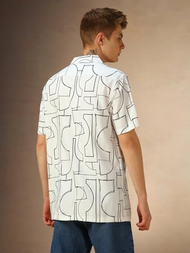 Image of Dennis Lingo Men Blue Printed Viscose Relaxed Fit Half Sleeve Shirts