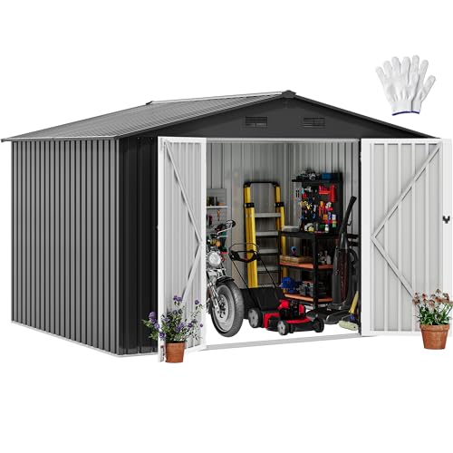 Image of DWVO 10x8FT Outdoor Storage Shed, Spacious Metal Tool Shed with Lockable Doors & Ventilation for Patio, Lawn, and Backyard, Ideal for Storing Garden Equipment, Lawnmowers, and Bicycles, Dark Gray