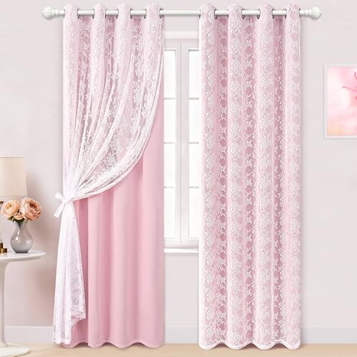 Image of Yinhua Pink Curtains for Girls Room Double Layer Blackout Curtains for Bedroom 84 Inches Long Nursery Curtain for Living Room, Grommet Drapes with Tiebacks, 52 inch W x 84 inch L
