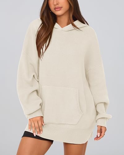 dowerme Women Oversized Sweaters 2025 Lantern Long Sleeve Drop Shoulder Chunky Knit Hooded Pullover Sweater with Pocket3
