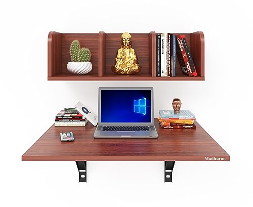 Image of Madhuran Engineered Wood Wall Mounted Folding Laptops Cum Study Table with Storage Shelf (Matte Teak) Work Home Foldable Office Study Room Books Kitchen Organizer