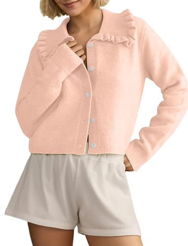 Image of HOCANDY Women Ruffle Collar Cardigan Sweater Preppy Cute Button Up Sweaters