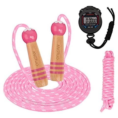 ANGTUO Skipping Rope Kids Traditional Wooden Handle Jumping Rope Adjustable Woven Cotton Skipping Ropes Fat Burning Jumping for Girls Boys Children Fitness Exercise School Game Outdoor Activity Cover