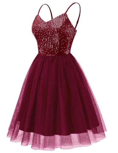 Image of Dressystar 2026 Women's Tiered Sparkly Sequin Glitter Formal Prom Dress Mini Spaghetti Strap Tulle Cocktail Party Dresses