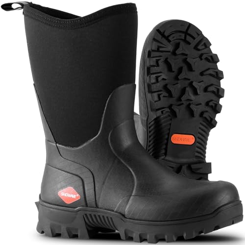 Showave Men's Mid Calf Rubber Work Boots Waterproof Rain Boot Insulated Mud Boots with Comfortable Sports Soles(Black,Size 10)