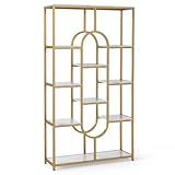 GIANTEX Libreria geometrica per carichi pesanti con telaio in metallo e protezione antiribaltamento, scaffale divisorio per libri, riviste e piante, 95 x 30 x 175 cm (bianco + oro)