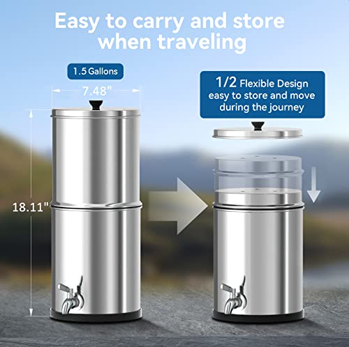 Purewell 1.5G Stainless Steel Countertop Gravity-Fed Water Filter System, NSF/ANSI 42&372 Certification, Reduces up to 99% of Chlorine,2 Black Purification Elements, for Home, RVing, Camping, Outdoor