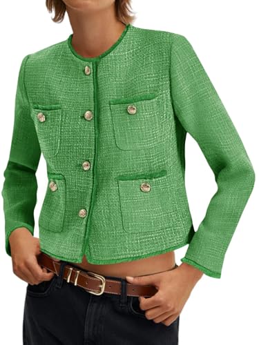 Image of Cicy Bell Cropped Tweed Blazer for Women Collarless Button Down Short Jacket Women