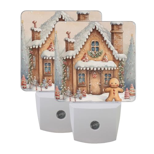 Image of Christmas Gingerbread with House Night Lights 2 Pack Plug-in Wall Led Nightlight Auto Dusk-to-Dawn Sensor Lamps for Bedroom Kitchen Bathroom