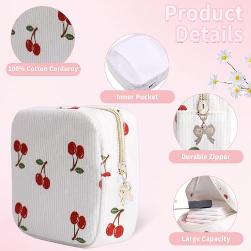 Image of Period Bag for Women, Portable Corduroy Sanitary Napkin Storage Bag Cherry Period Pouch with Zipper, Sanitary Pads Bag Tampons Holder for Purse, First Period