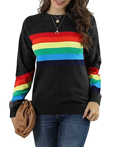 Ferrtye Womens Oversized Rainbow Pullover Sweaters Cute Lightweight Long Sleeve Crew Neck Loose Knit Sweater