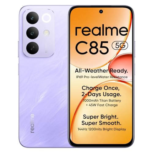 Image of realme C85 5G Smartphone 4+128GB, 6.8inch Screen, 144HZ Vision Display, 45W Fast Charge, 7000mAh Battery, 4+50MP Camera, MediaTek Dimensity 6300, IP69, Parrot Purple