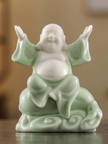 Estatua Pequeña de Buda Risueño Verde de Cerámica 4.5 pulg.