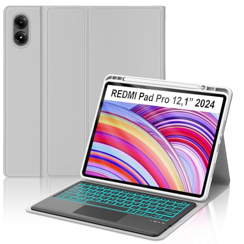 Occtingkind Hülle mit 7-Farben-Beleuchtung und Touchpad Tastatur für Xiaomi Redmi Pad Pro 12 1 (2024) & Poco Pad 12 1 (2024) Deutsche QWERTZ Bluetooth Tastatur inklusive Stifthalter Steingrau
