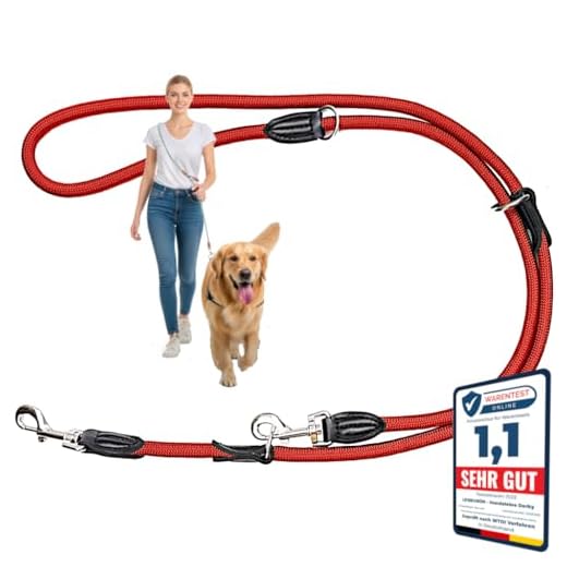 Verstellbare Hundeleine verstellbare Führleine Multifunktionsleine Doppelleine Freestyle Hundeleine Umhängeleine Koppelleine 200 cm Farbe Beige 4 Leisegrün Nylon Hundeleine 2m verstellbar & rund | Paracord Tauleine, Umhängeleine, Doppelleine & Führleine mit Karabiner für 2 Hunde | 2 Meter x 11 mm | Rot