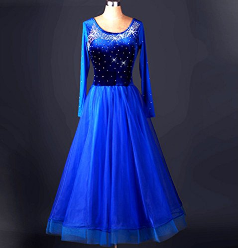 YC WELL Ballroom Dance Dresses Blue Flamenco Costumes Tango Waltz Modern Dance Dress(Long Sleeves,2XL)