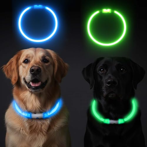 2-Pack Rechargeable Reflective Pet Gear LED Dog Collar Light Up, Flashing Glowing Illuminated Collar for Night Walking, Neon Pet Collar with Light for Small/Medium/Large Dogs (Green&Blue)