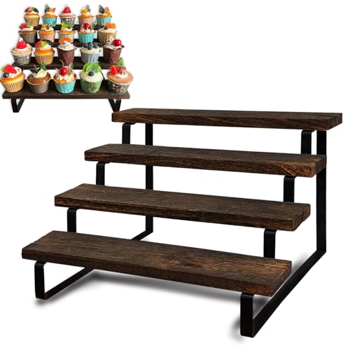 Klxuyuo 4 Tier Wooden Cupcake Stand Rustic Wood Cupcake Stand 24 Cupcake Display Holder Rack