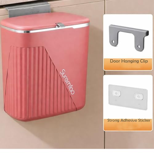 Image of Kriva Hanging Trash Can for Kitchen Cabinet Door with Lid | Small Under Sink Garbage Can Trash Bin for Bathroom,Wall Mounted Counter Waste Kitchen Dustbin, 1 Pc (Cherry)