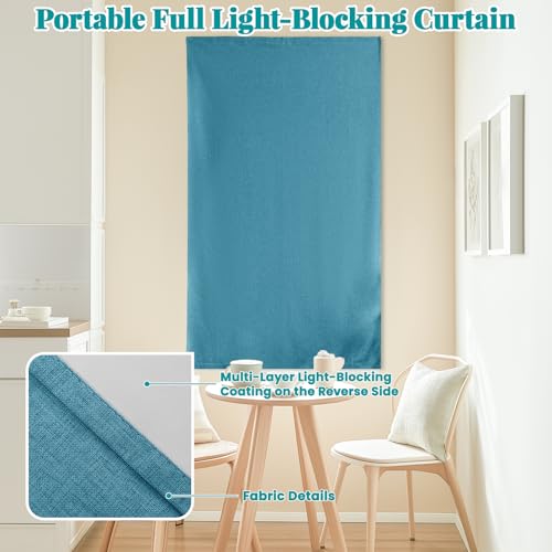 Image of 100% Blackout Magic Tape Stick On Curtains Window Shades Pull Down Blackout Window Cover No Drillng Self Adhesive Curtains No Rod Small Windows, W35 x L60 inch, 1 Panel, Stone Blue