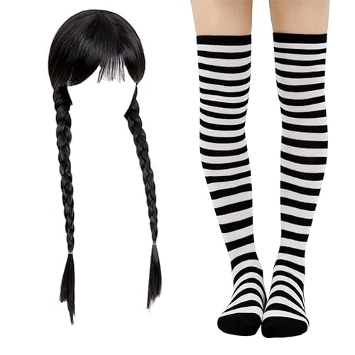 Carnavalife Disfraz Miércoles Addams Halloween, Vestido y Peluca Niña, Medias (Infantil, Modelo D Peluca+Media Raya)