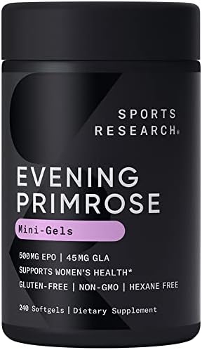 Sports Research Evening Primrose Supplement from Cold Pressed Oil - Softgels for Women’s Health & Skin Health - Gluten Free & Non-GMO GLA - Primrose Oil 500mg, 120 Count