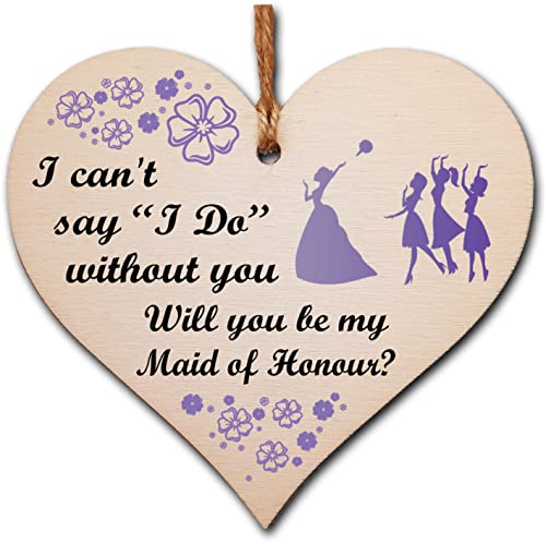 Handmade Wooden Hanging Heart Plaque Gift Will You Be My Maid of Honour Wedding Novelty Keepsake, Purple