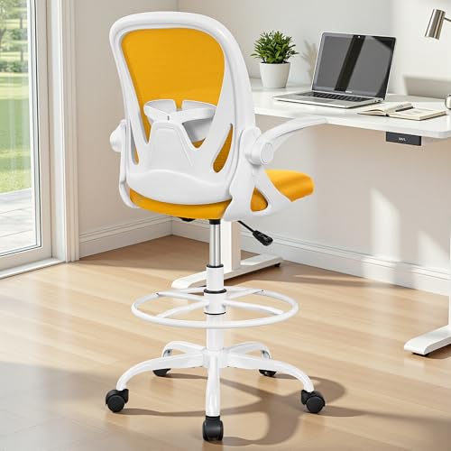 Image of Primy Drafting Chair Tall Office Chair with Flip-up Armrests Executive Ergonomic Computer Standing Desk Chair with Lumbar Support and Adjustable Footrest Ring (Mustard)