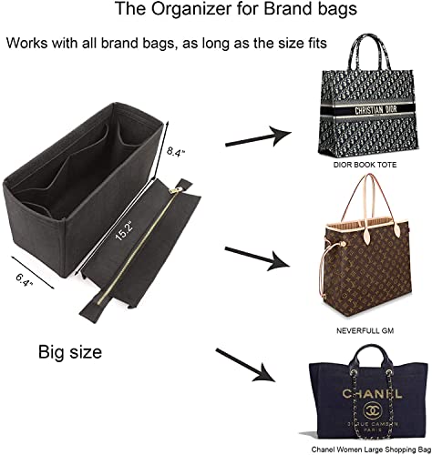 Image of GREENSHEEP Felt Purse Organizer Insert for Handbags, Tote, Hobo Bag Storage Divider with Removable Metal Zipper Cover